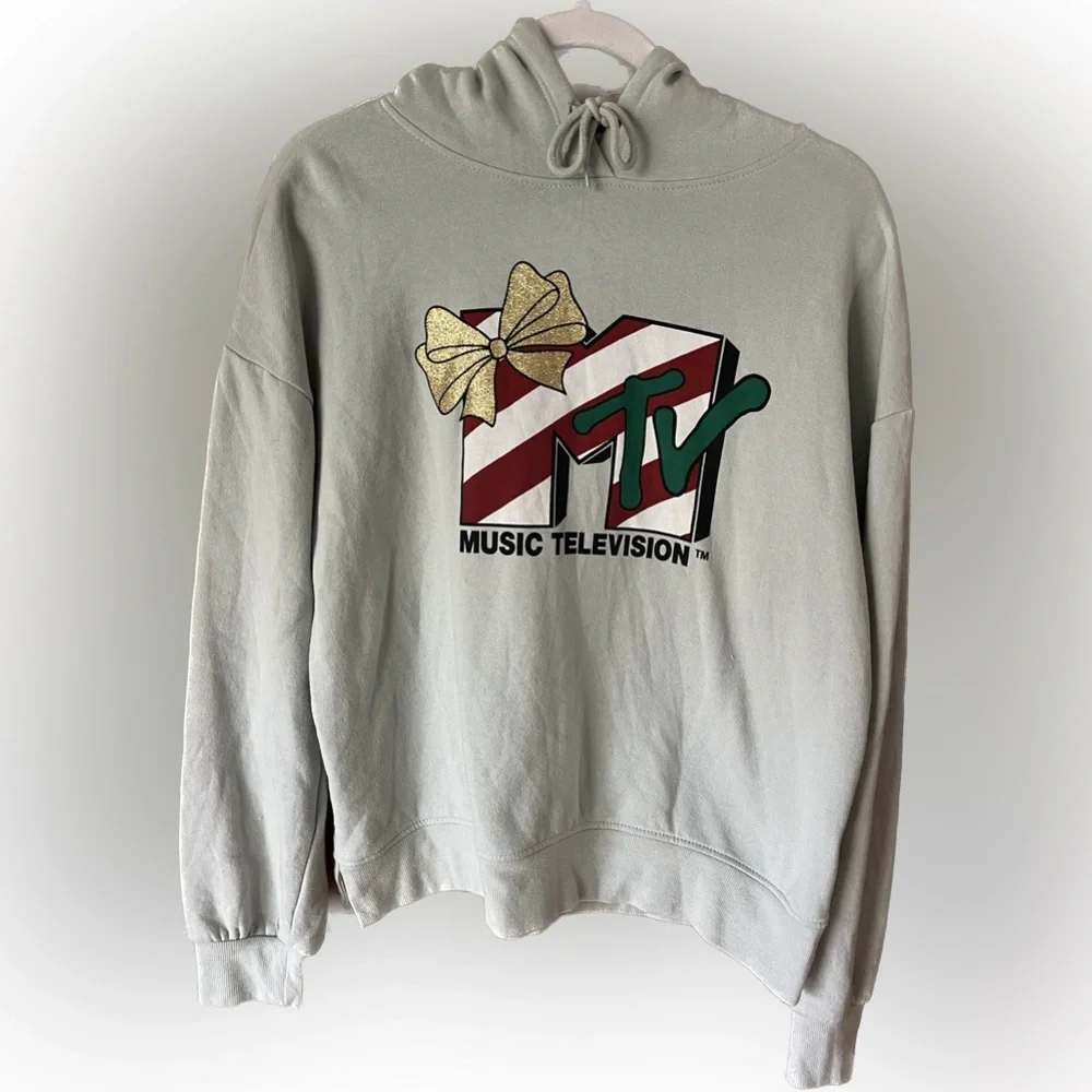 MTV Light Sage Green Holiday Hoodie Sweatshirt Christmas Women’s Medium